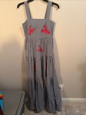 Gingham Maxi Dress with Red lobster Embroidery - women’s Small (tall)